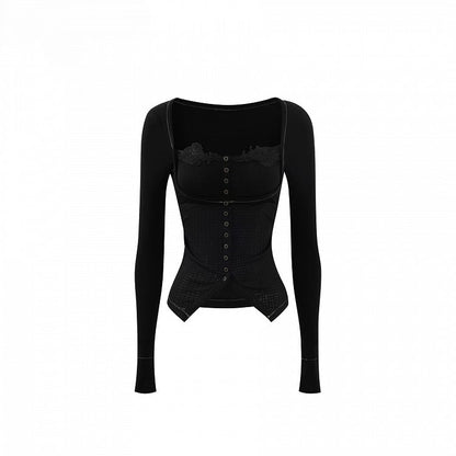 Slim-fitting Sleeve Black Decorated Long - Top Lace Knit
