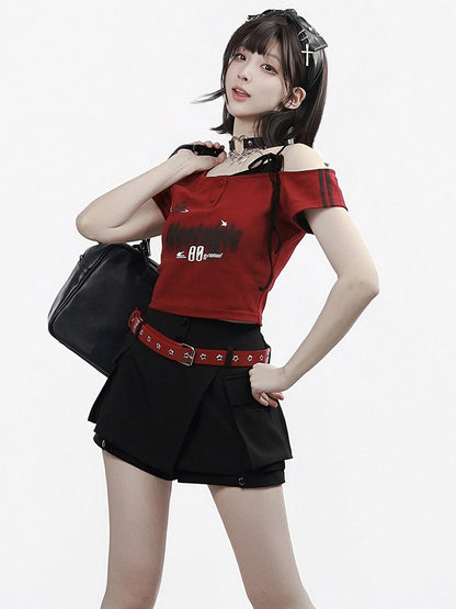 Red & Black Asymmetrical Shoulder Tee with Letter Print - PINK SAVIOR