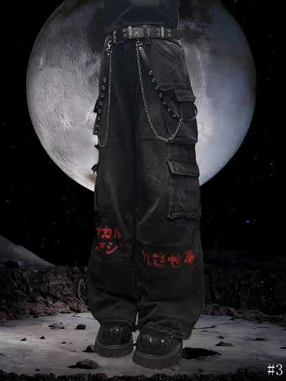 Rock Print Cargo Style Dark with Gray - Wide-Leg Graphic Y2K Jeans Punk Red