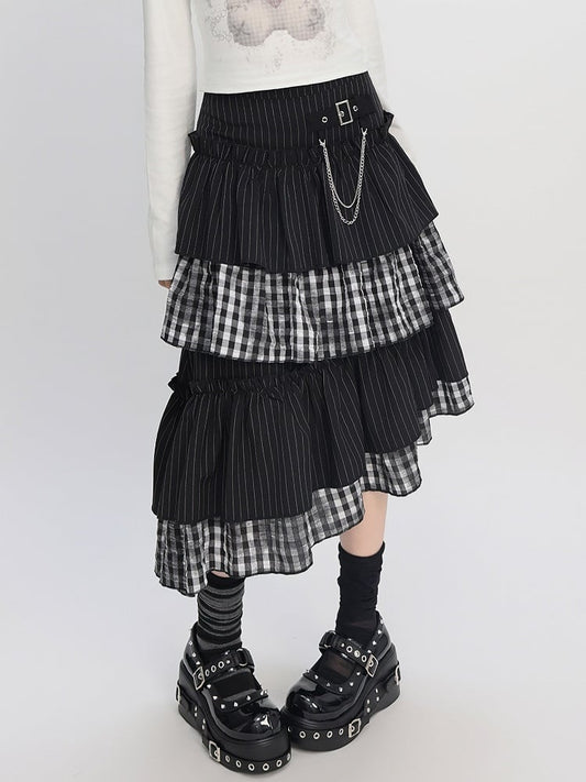Asymmetrical Stripes Tiered Pattern Plaid Black Hem Skirt with and Y2K