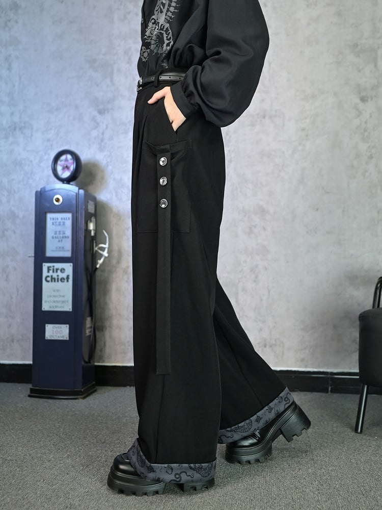 Gothic Print Wide-Leg Flowing Cheongsam with Tie Details Pants Five-Poison Cuffed Black