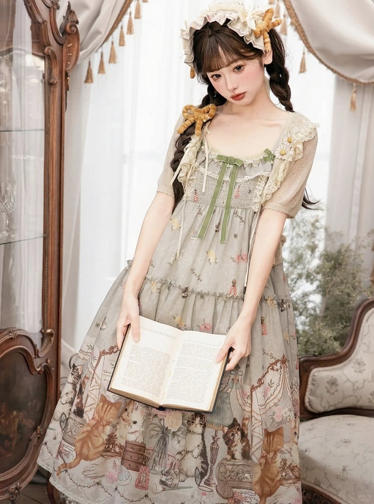 Green Cat Print High Waist Sweet Lolita Jumper Skirt - NyaNya