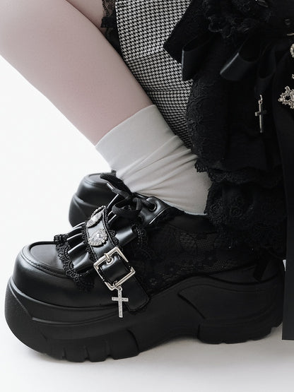 Rhinestone at Heart Ruffles Back Kei Closure Platforms Black Decor Trim Crystal Jirai - with Lace-up