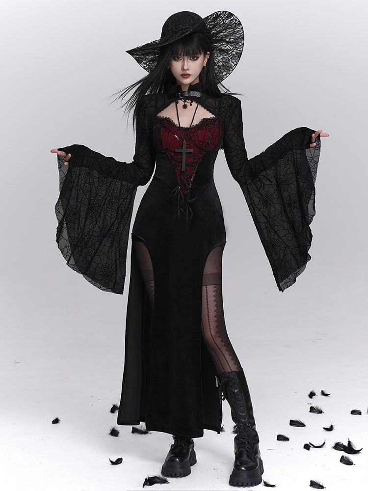 Spiderweb Cross-Lace Dress Thigh Red Slits Halloween Gothic Slip Print with Black Detail