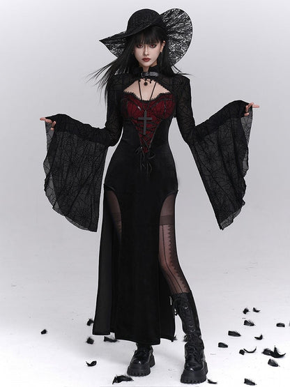 Spiderweb Cross-Lace Dress Thigh Red Slits Halloween Gothic Slip Print with Black Detail