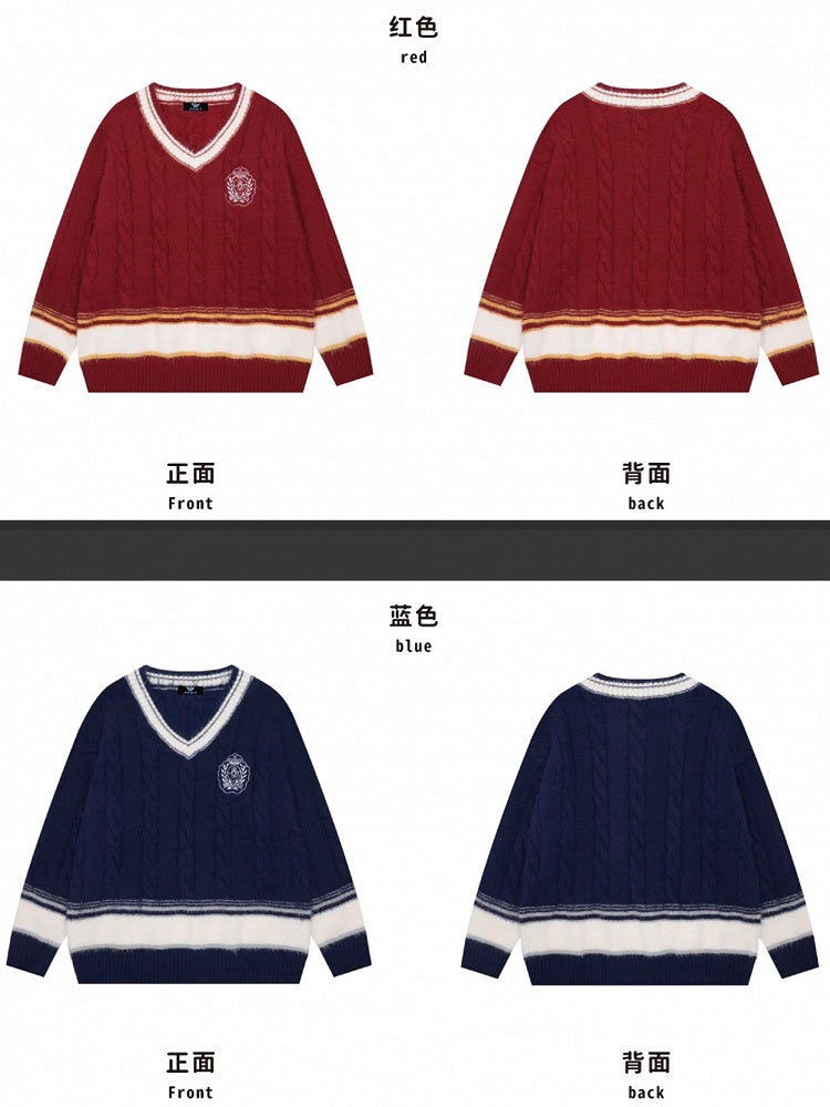 レッド/ブルー/ホワイト Vネック プレッピースタイル ルーズセーター