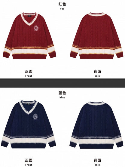 レッド/ブルー/ホワイト Vネック プレッピースタイル ルーズセーター