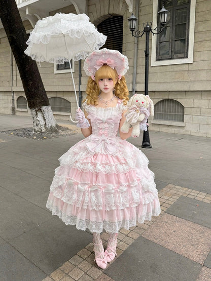 Pink Hanayome Lolita JSK with Bows & Lace Trim - White Sugar Girl