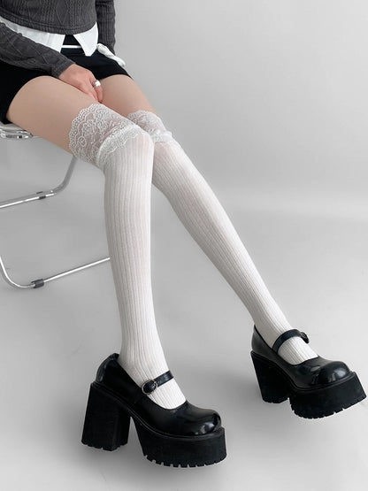 Spitzenstrümpfe mit Overknee-Besatz in Grau/Beige/Hellgrau/Weiß/Schwarz/Dunkel