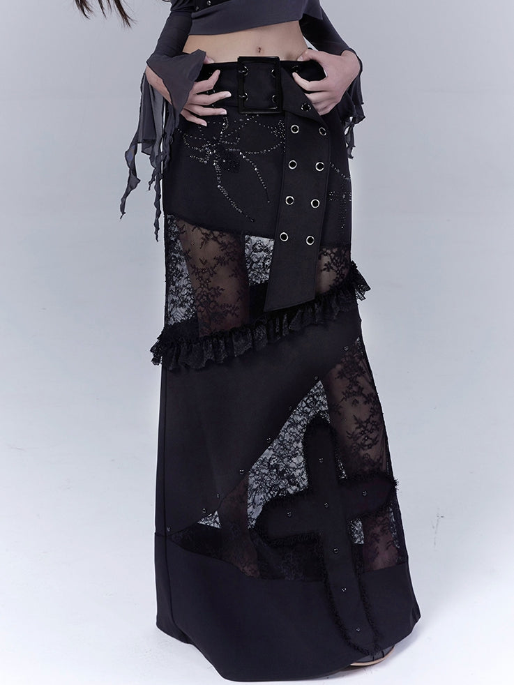 with Waist Lace Patches Cross Punk Belt Applique Buckle Skirt Black Low