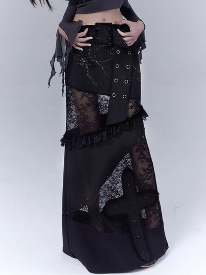 with Waist Lace Patches Cross Punk Belt Applique Buckle Skirt Black Low