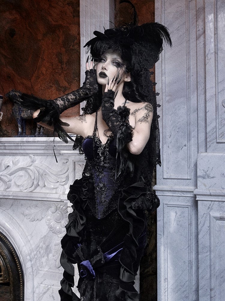 Romantic Goth Black Purple Velvet Corset with Rhinestones Beading - Blood Supply