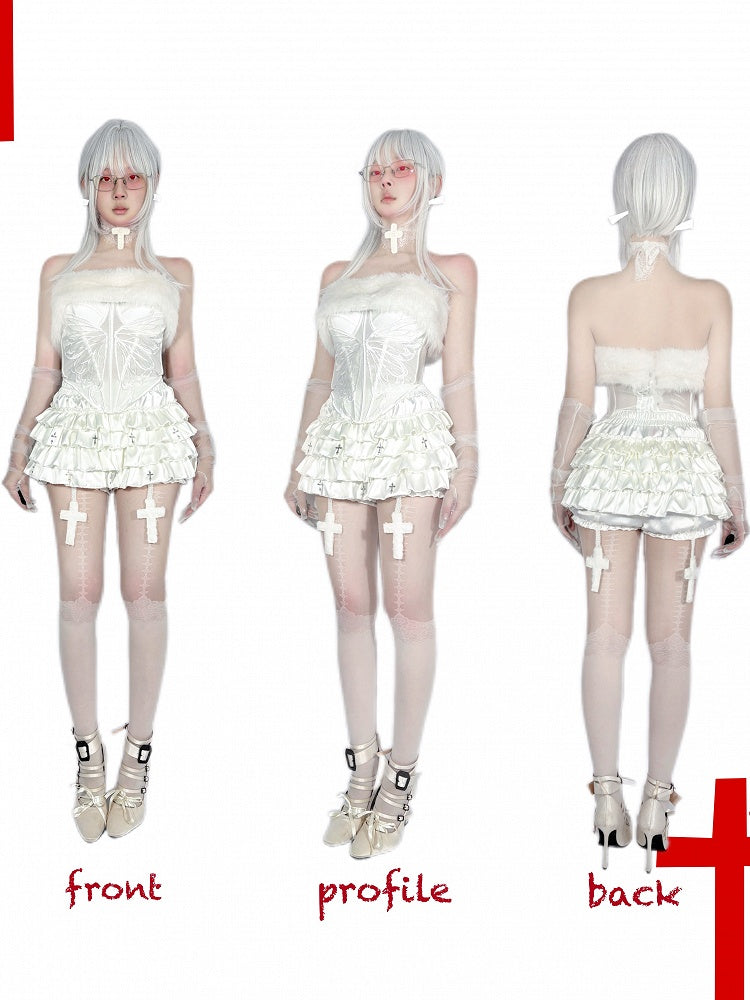 Gothic White Plush Neckline Butterfly Semi-sheer Boned Corset