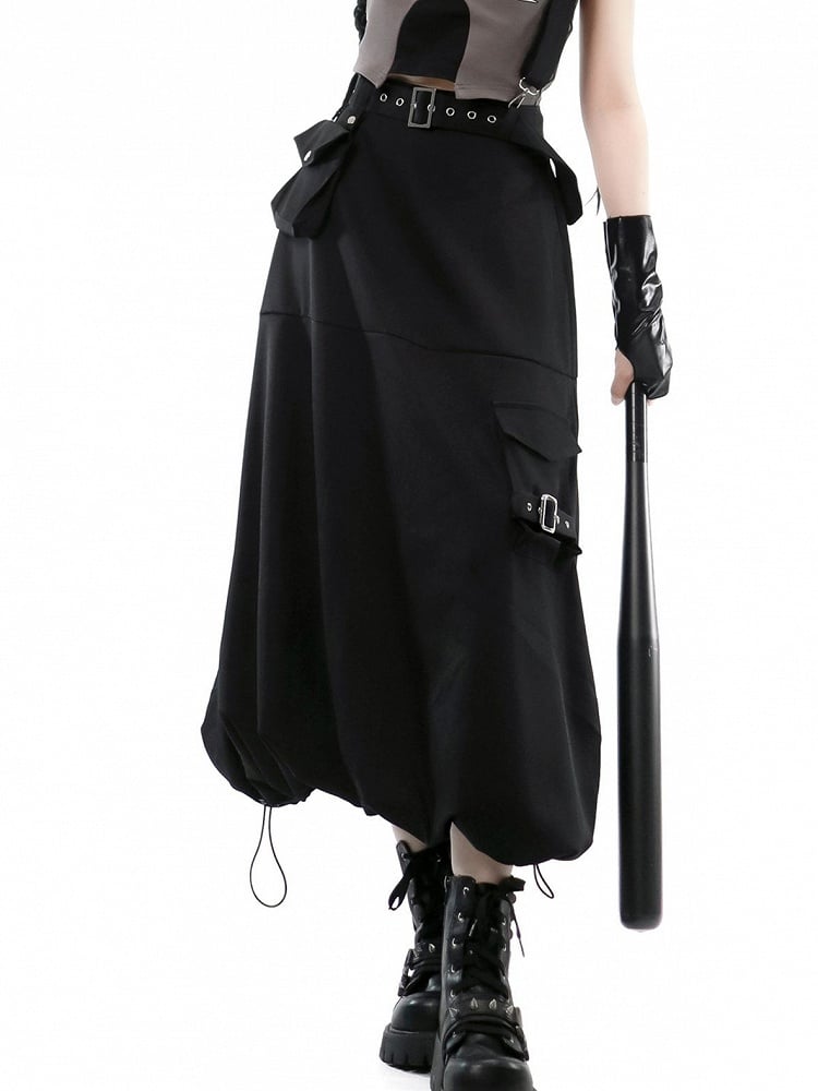 Techwear Bubble with Futuristic Black Pockets Cargo Skirt