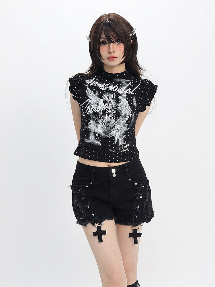 Sweet Kawaii Black Distressed Shorts with Rivet and Cross Decor - Catwish