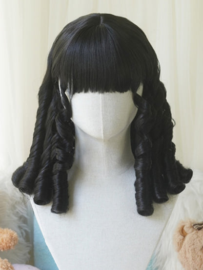 Schwarz/Hellblond/Rosa/Dunkelbraun/Blond, Oberbrustlange, gelockte römische Perücke mit vollem Pony