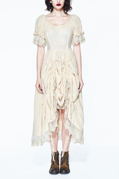Creamy White Punk Victorian Drawstring Embroidered Lace Dress for Women