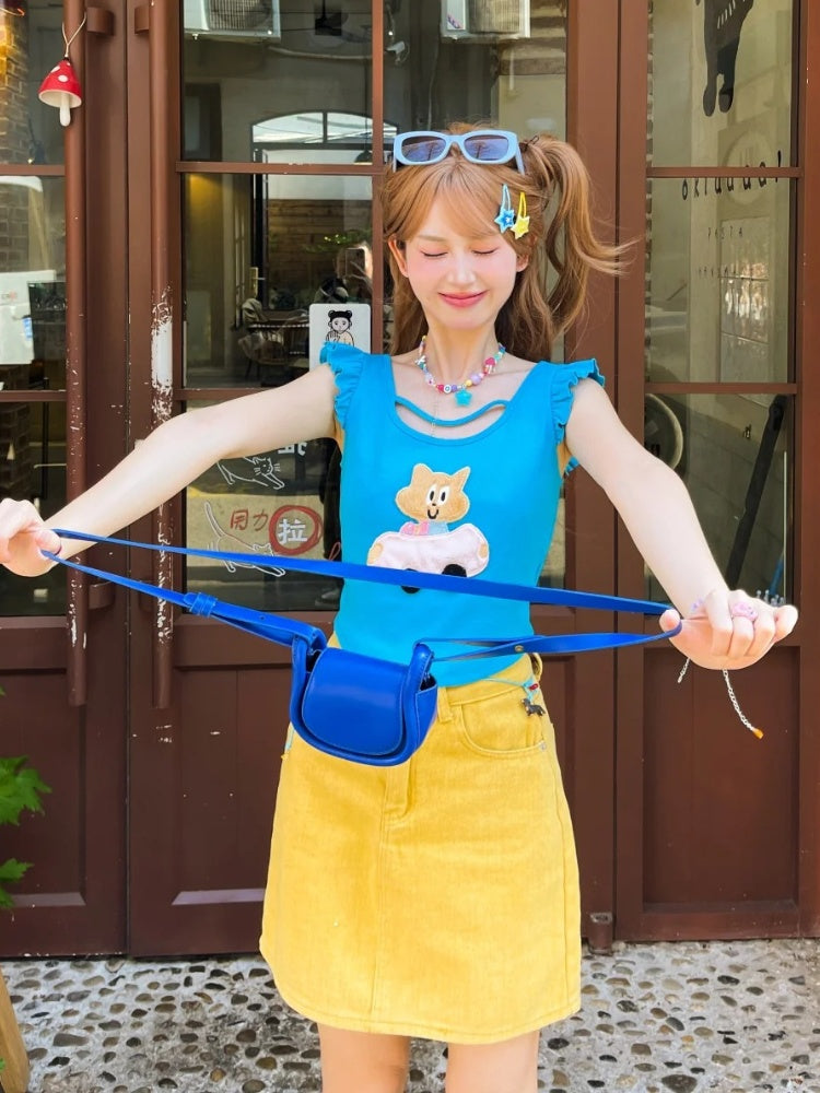 Free Kitty Applique Flatterärmel Top Blau Süße Halskette mit