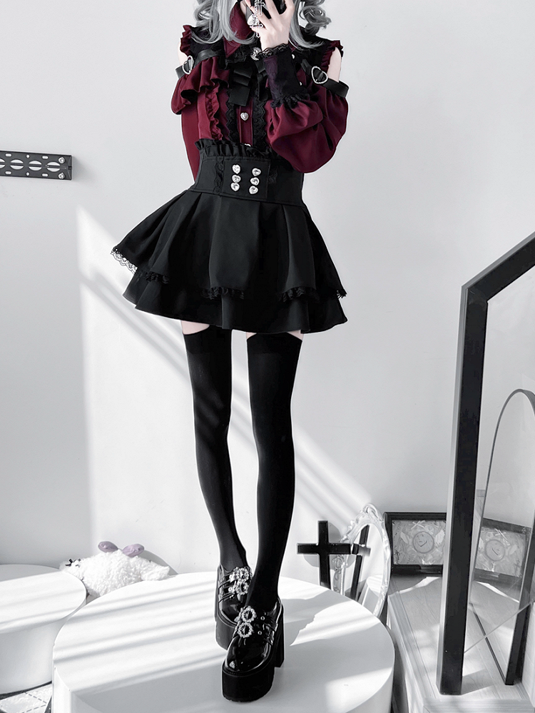 Jirai Button Blouse: Red Sweetheart Closure Wine Kei