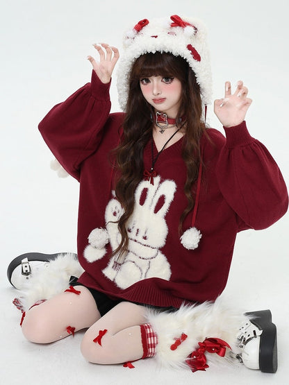 Black Cute Bunny V-neck Loose Sweater Lace-up Detail at Sleeves