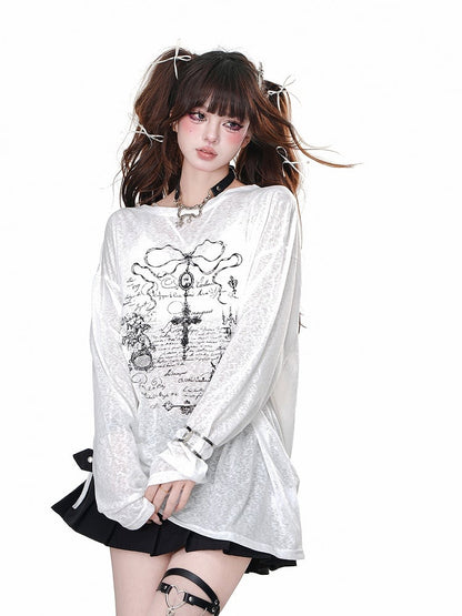 Schwarz/weißes, halbtransparentes, lockeres Sweatshirt mit Kreuzdruck und Kordelzug in der Taille