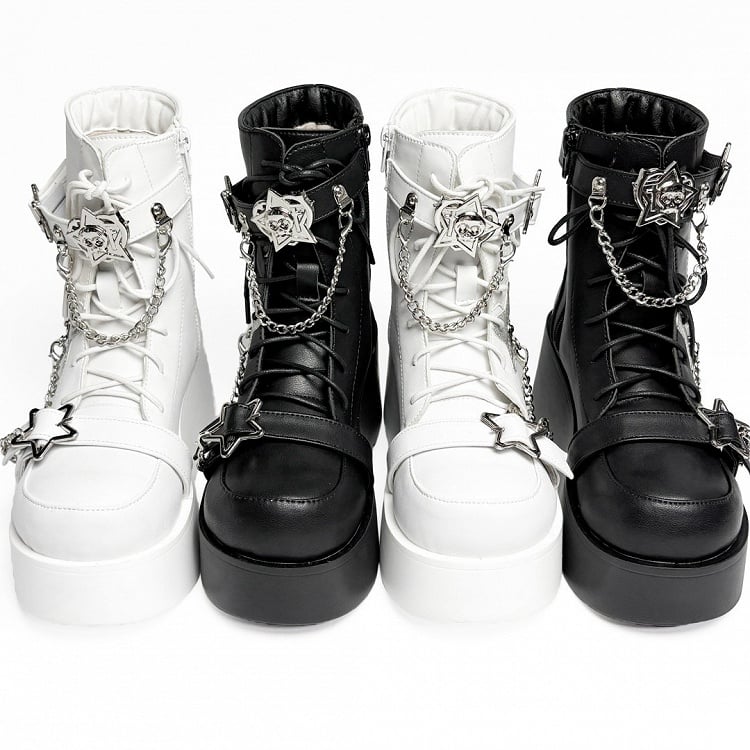 PU White Punk Platform Boots - Star Accents, Detachable Chain Charm & Multi-Fastening System
