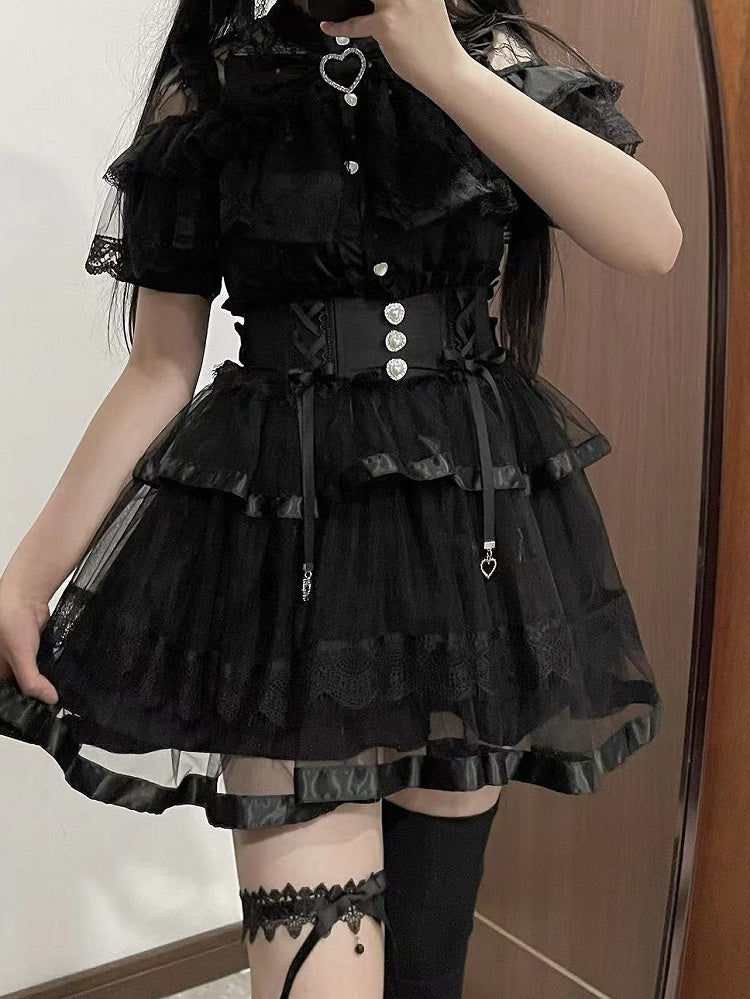 Gestufte Schleife Jirai Kei Schwarz/Weiß Mesh Balletcore Taille Selbst-krawatte Zurück Stäbchen Rock Hohe