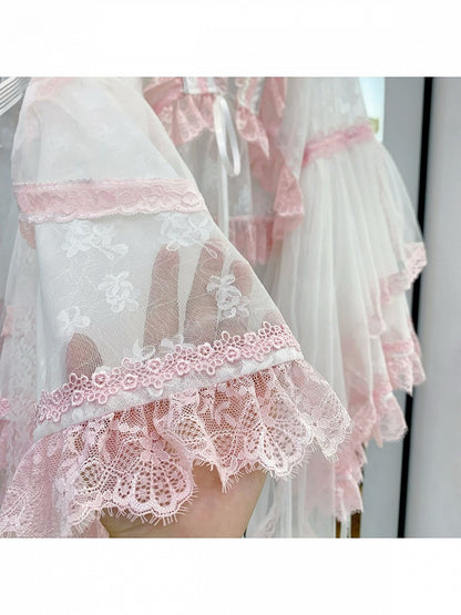 Pink & White Chinoiserie Floral Lace Blouse for Inner or Outer Wear - Flower Banquet