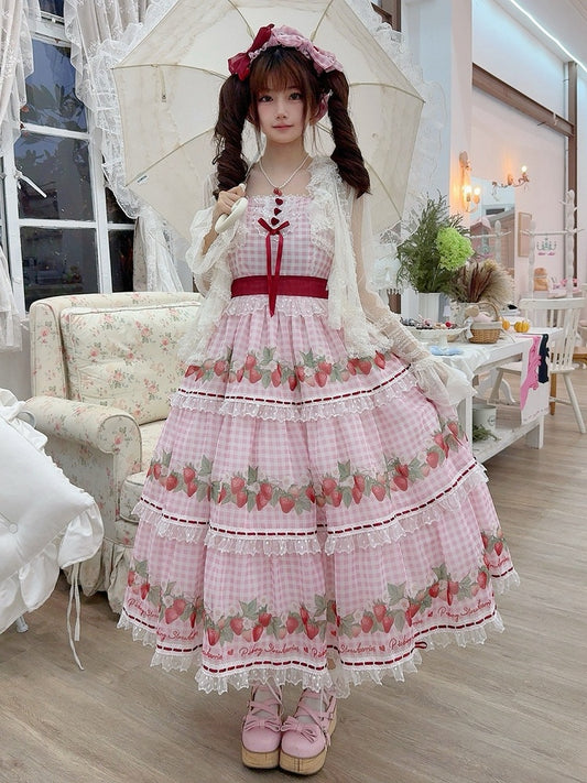 Cottagecore Strawberry Print Pink Picnic Gingham Dress Sweet Lolita Jumper Skirt