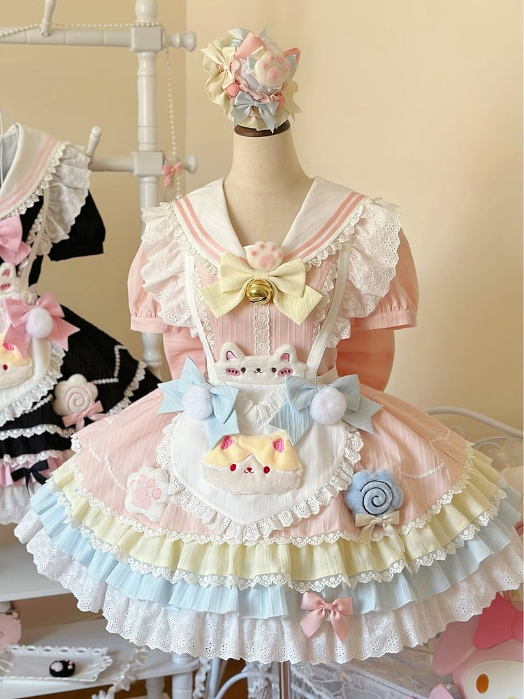 Apron Maid Kitty Pastel Heart Sailor Dress Collar Color with Lolita Sweet
