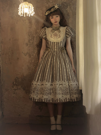 Bodice Pattern and Bowknot Lolita Piece Classic Embroidery Version Brown Long One Striped Floral