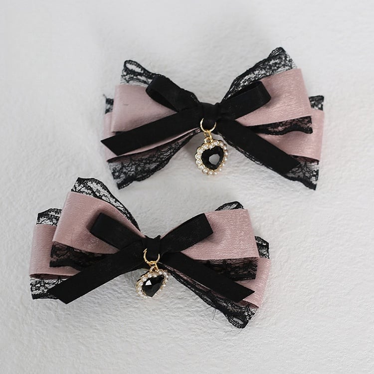 Black Hairclips Lace Jirai Bowknot With Kei Heart Pink Charm