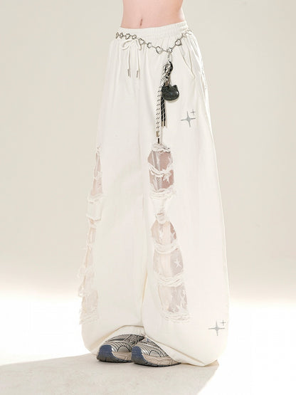 Weiße Jeans mit weitem Bein und Kordelzug in der Taille