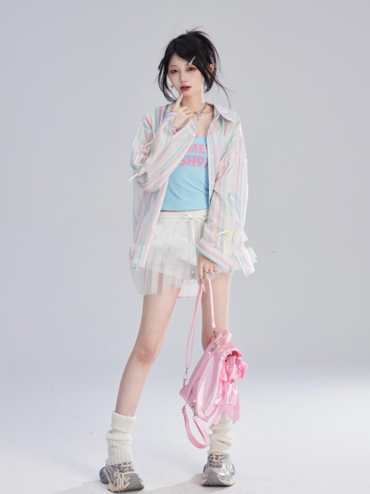 シャツ ゆったり カラフル 装飾 ストライプ 蝶結び 袖