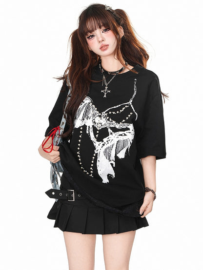 アプリコット/ブラック ブラグラフィックTシャツ（ビーズ装飾付き）