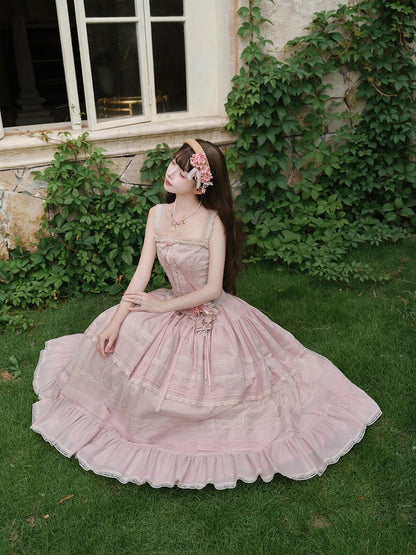 Pink Sleeveless Lace Top with Floral Belt and Skirt - Penny House