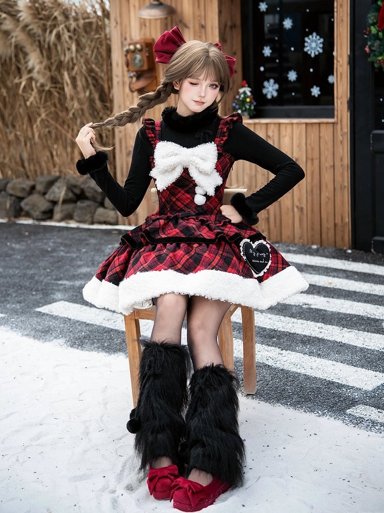 Red with and White Dress Black Winter Brooch Hemline Plaid Bow Plush Lolita Pattern