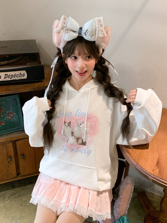 White Cat Print Loose Hoodie