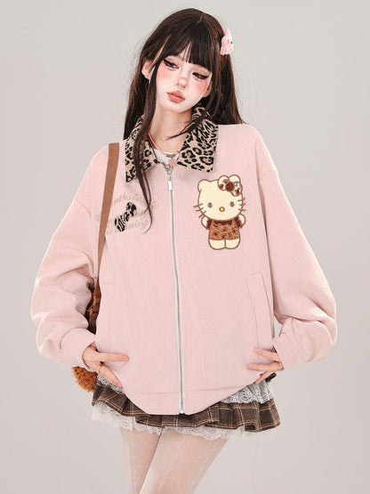 Pink Kitty Baseballjacke mit Leopardenkragen