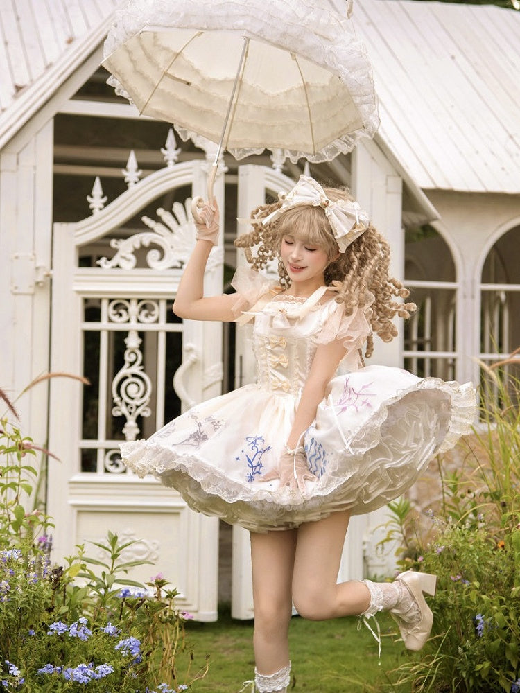 Dress Champagne Embroidered Zodiac with Butterfly Sleeves Tulle Lolita