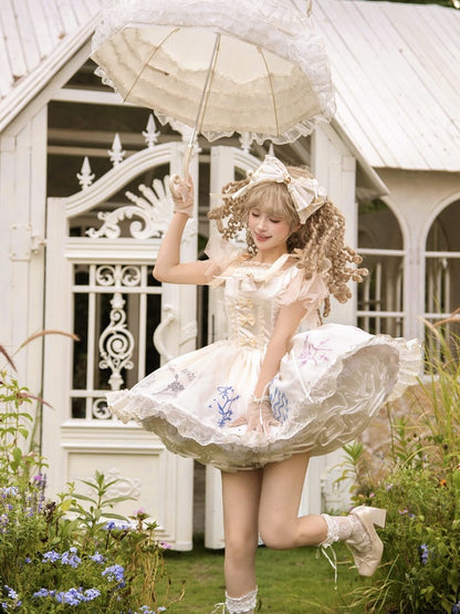 Dress Champagne Embroidered Zodiac with Butterfly Sleeves Tulle Lolita