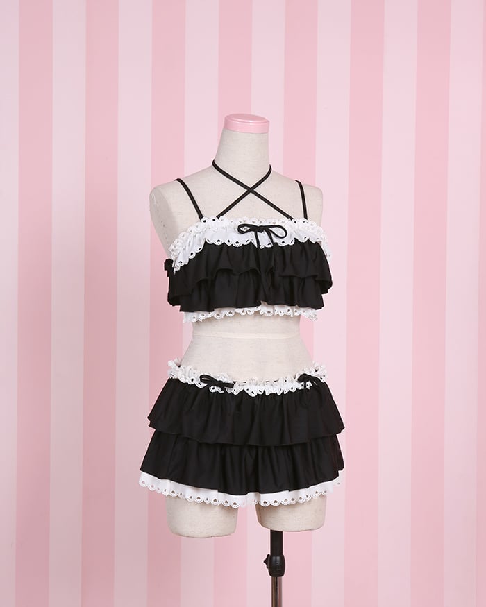 リボンディテール レーストリム 水着 ブラック ティアードフリル