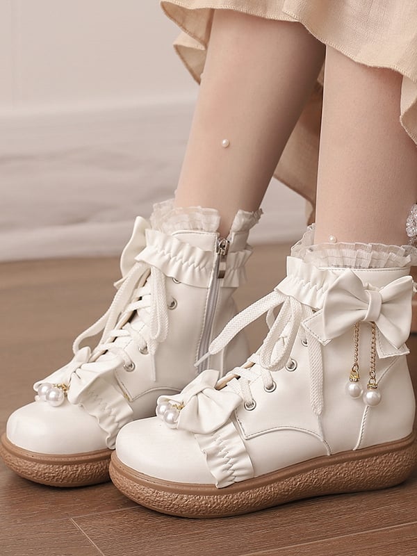 Version Schleife Normal/Verdickt Perlenbesetzt mit Akzenten PU Spitze Lolita Stiefel Leder Weiß Manschette Plattform Charm 4cm