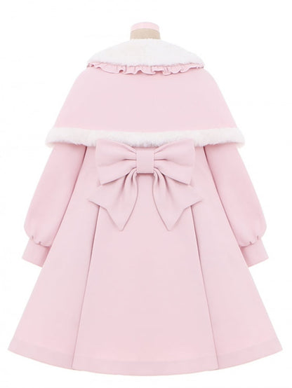 ピンクのプラッシュカラーのリボンアクセントロングコート