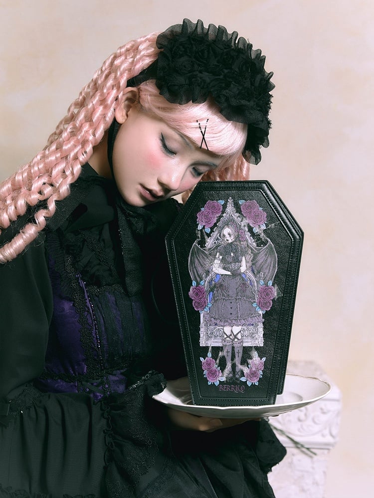 ゴシックブラックの棺型グラフィックプリントハロウィンバッグ