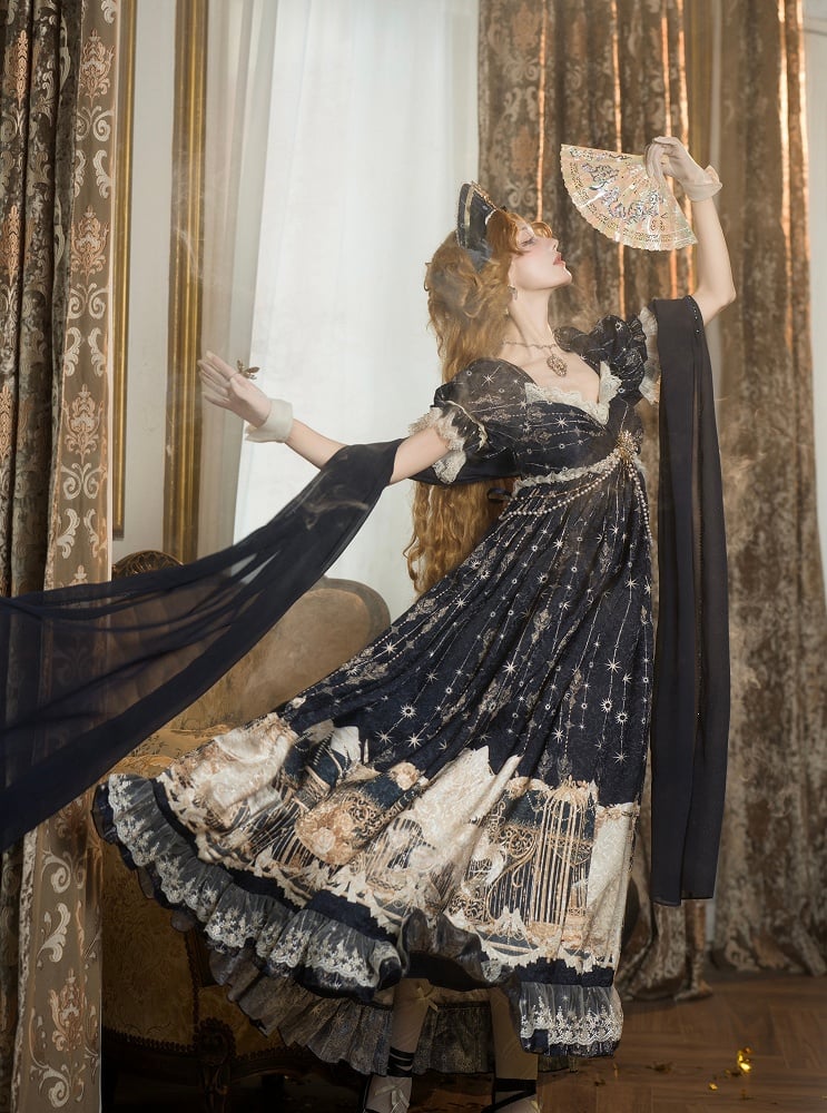 Kleid Empire Print Kette Taille Einhorn mit Perlen Sternen Lolita Blau Dunkel Nacht