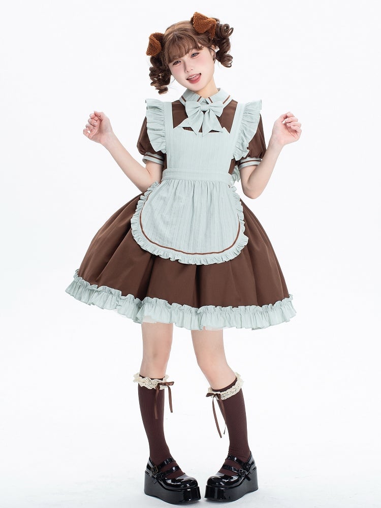 Dress Puff Short Lolita Sleeves Brown Kitty Mint Green + Maid and Apron