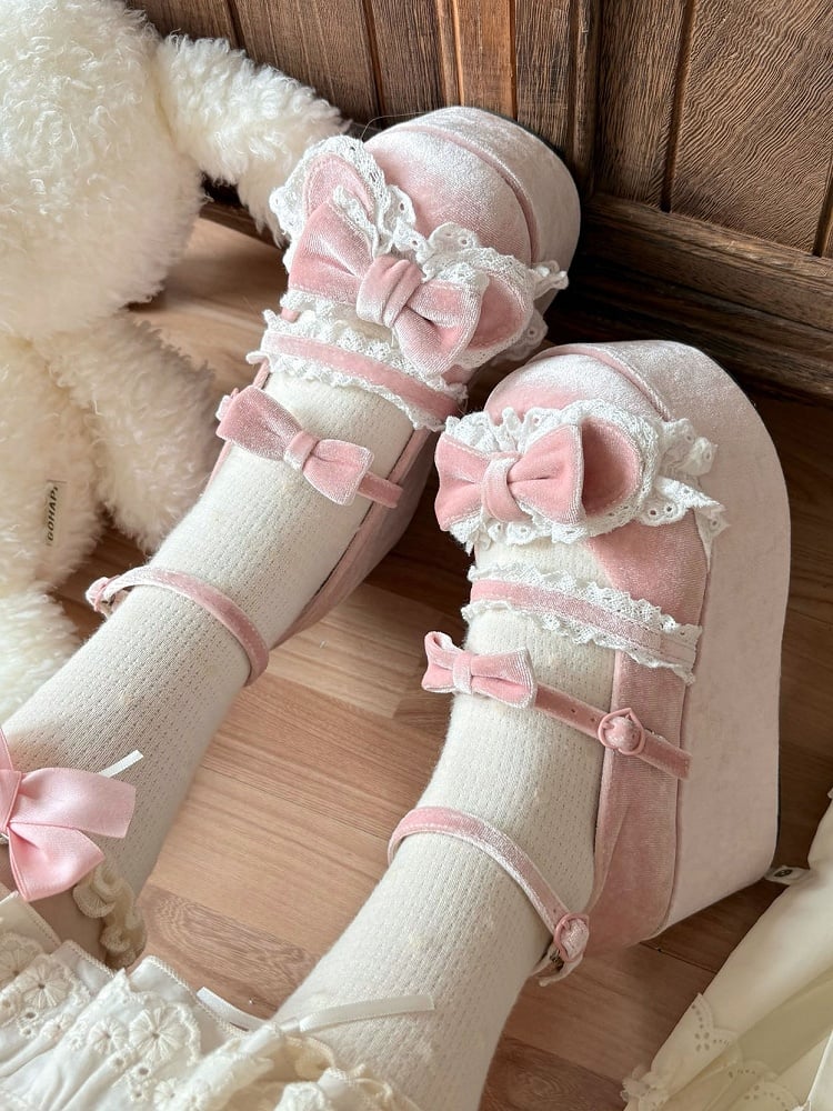 Sweet Cute Mary Bear Velvet Accents Bow Pink Janes Platform -