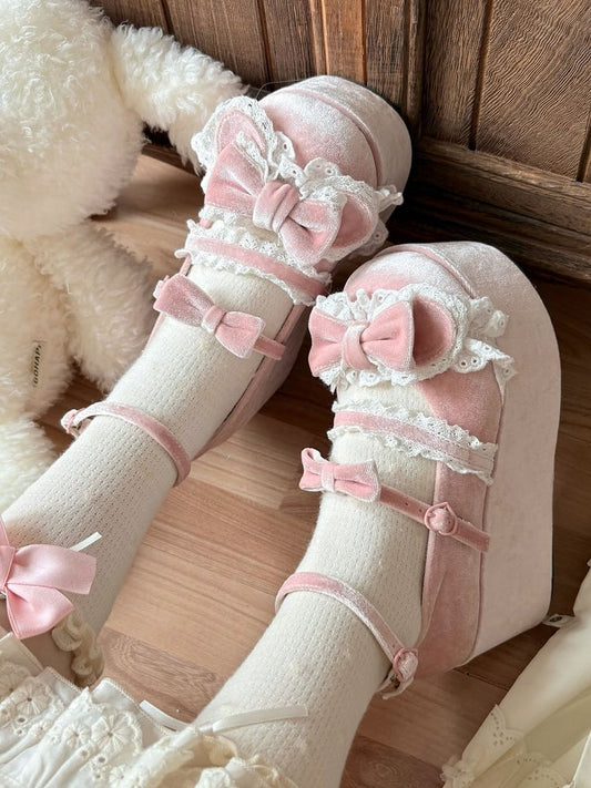 Sweet Cute Mary Bear Velvet Accents Bow Pink Janes Platform -
