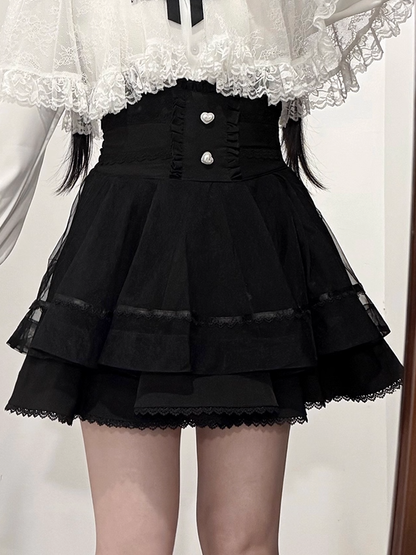 Skirt Kei High-Waist Tiered Heart-Shaped Accents Black Button with Jirai